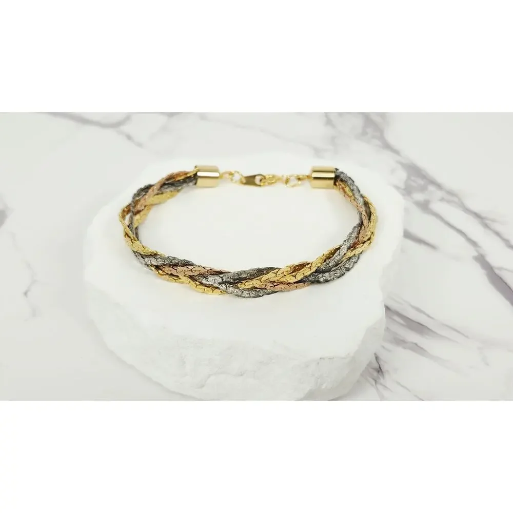 Vintage Tri-Color Braided Herringbone Chain Bracelet Gold Silver Rose 7.5